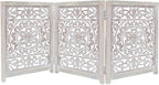 Wooden Foldable Pet Dog Safety Gate - 3 Panel 20" W x 24" H - Hand Carved Suzani Free Standing Portable Indoor Puppy Gate - Doorway Hall Stairs Dog Fence - Assembled - White Wash - IRONGATE