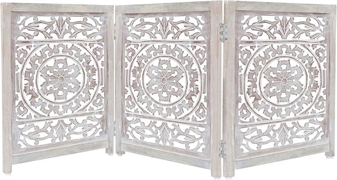 Wooden Foldable Pet Dog Safety Gate - 3 Panel 20" W x 24" H - Hand Carved Suzani Free Standing Portable Indoor Puppy Gate - Doorway Hall Stairs Dog Fence - Assembled - White Wash - IRONGATE