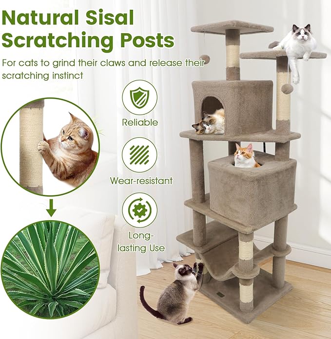 PETSITE 57-inch Modern Cat Tree, Multi-Level Cat Tower with 2 Comfy Condos, Sisal Scratching Posts, Plush Top Perch, Snug Hammock, and Dangling Balls, Ideal for Indoor Cats and Kittens (Coffee)