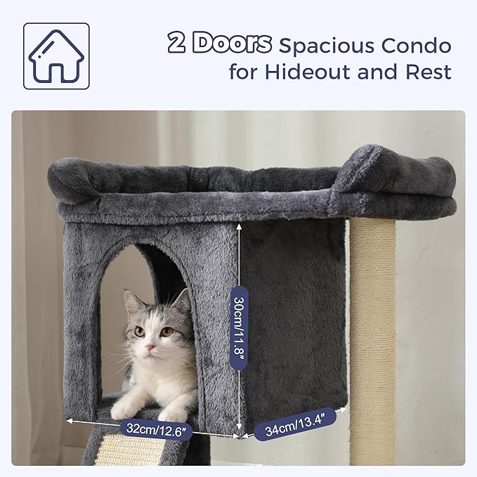 Small Cat Tree Tower for Large Cats with Spacious Top Bed 20x13.8”Private Cat Condo,Sisal Scratching Post and Ramp and Self Groomer and Spring Ball-Dark Grey