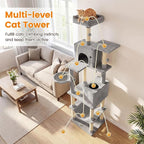 PETSITE 80-inch Tall Modern Cat Tree, Multi-Level Cat Tower with 2 Comfy Condos, Sisal Scratching Posts, Side Basket, Snug Hammock, and Dangling Balls, Ideal for Indoor Cats and Kittens (Grey)