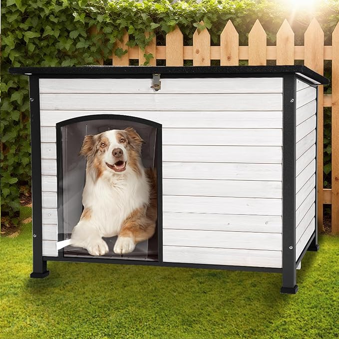43.3’’ Large Dog House Outdoor Weatherproof Dog Kennel with Upgraded Thickened Metal Frame, Dog Shelter with PVC Curtain, Openable Roof and Removable Floor, Easy to Clean (White)