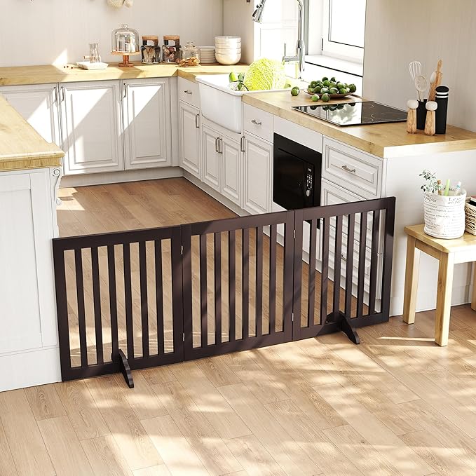 24”H Freestanding Wooden Pet Gate, Dog Gate for Stairs, Doorways, and Hallways, Step Over Foldable Pet Fence for Indoor Use, Support Feet Included, 60 inch Wide 3 Panels, Espresso
