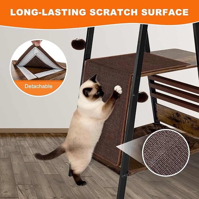 57 Inch Multi-Level Modern Cat Tree Tower with Hammock & Scratching Ramp - Wooden Heavy-Duty Cat Tower for Large Cats & Multi-Cat Households, Easy to Clean (Brown)
