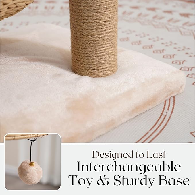 PetPals 3 Level Handwoven Paper Rope Cat Basket Bed and Perch with Scratching Post, Washable, Removeable Curshions, Playful Toy, for Indoor Cat, Light Brown