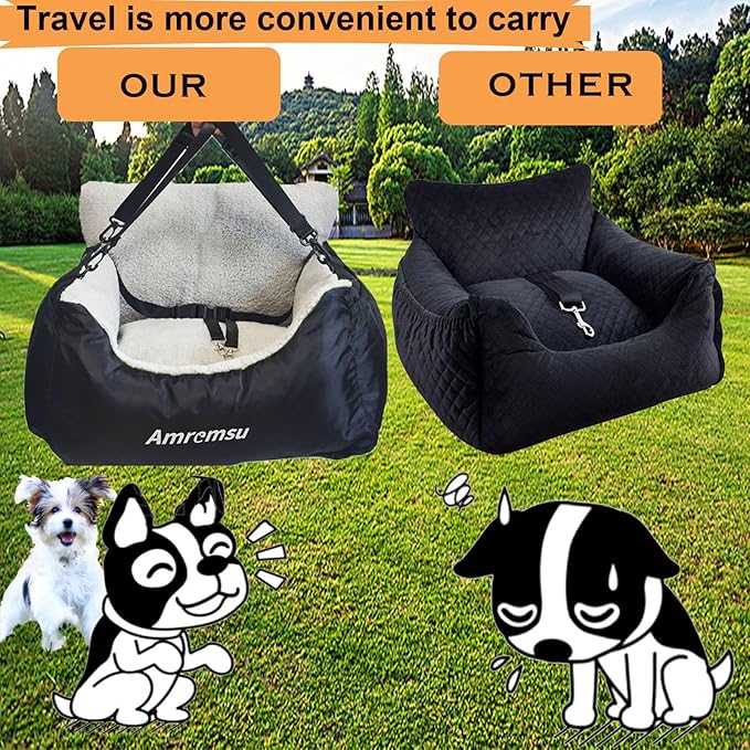 Small Dogs Car Seat,Fully Detachable and Washable Ultra Soft Car Travel Bed, with Clip-on,Two Portable Handle and Storage Pockets Puppy Dog Booster Seats,Portable DogCar Travel Carrier Bed