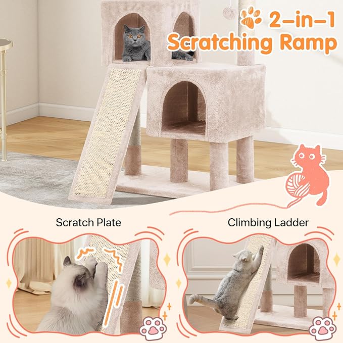 Cat Tree 36-Inch Cat Tower with Scratching Post Multi-Level Cats Condo with Ramp,Large Perch,Dangling Ball,Pet Play Tower for Kittens & Adult Cats(Beige)