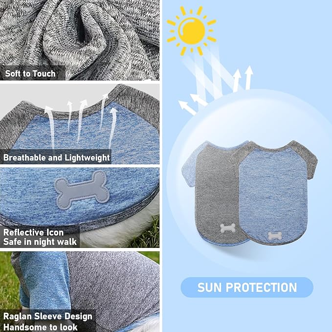 KYEESE 2Pack Dog Shirt with Sleeves, Lightweight Sun Protection Dog T Shirts for Medium Large Dogs Boy, Breathable Pet Tank Top Reflective Dogs Clothes for Summer Outdoor Walking, Blue+Grey, 2XL