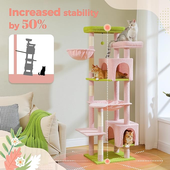 PETEPELA 69" Tall Cat Tree for Indoor Large Cats, Cat Tower for Adult Cats with Big Hammock, Cat Climbing Tree Tower with Scratching Posts, Condo House and Large Top Perch, Pink Green