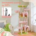 PETEPELA 69" Tall Cat Tree for Indoor Large Cats, Cat Tower for Adult Cats with Big Hammock, Cat Climbing Tree Tower with Scratching Posts, Condo House and Large Top Perch, Pink Green