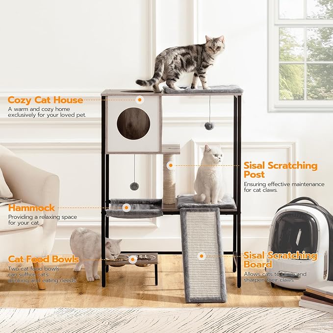 HOOBRO Wooden Cat Tree, Versatile Cat Tower with Scratching Post, Cat Hammock and Food Bowls, 4-Tier Pet House for Indoor Cats, Multi-Cat Families, Greige BG34MZ03
