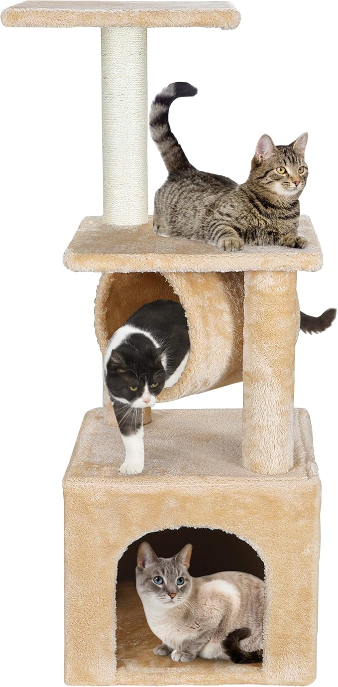 37" Multi-Level Cat Tree Activity Tower Climber Tower Cat House Furniture w/Condos Platform Tunnel Scratching Posts for Kittens