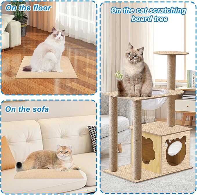 4 Pack Cat Scratch Mats 24”x16”, Self-Adhesive Trimmable Cat Scratching Post Carpet Cat Floor Scratching Pad Rug Cat Tree Replacement Parts Mat Cat Scratcher for Step Couch Furniture Protector(Beige)