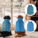 VIVAGLORY Softjoy Dog Coat, Dog Jacket for Winter & Christmas, Coat with Harness Hole, Reversible Plaid Checkered Warm Fluffy Heavy Duty for Puppy, S, Blue