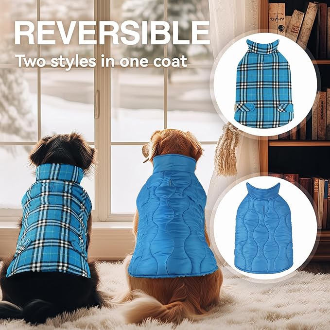 VIVAGLORY Softjoy Dog Coat, Dog Jacket for Winter & Christmas, Coat with Harness Hole, Reversible Plaid Checkered Warm Fluffy Heavy Duty for Puppy, S, Blue