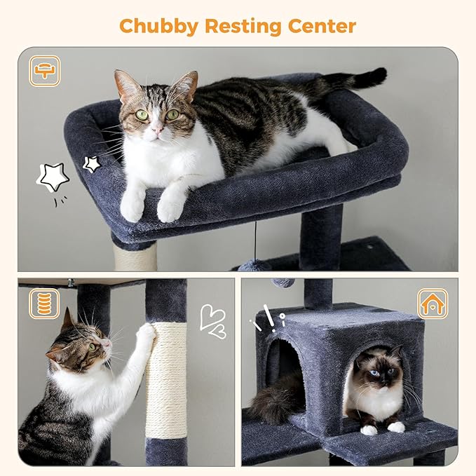 PETEPELA 56.3'' Tall Cat Tree for Indoor Cats, Multi-Level Cat Tower with Super Large Hammock (20''X16''), Sisal Covered Scratching Posts, Cozy Condo and Top Perch, Dark Grey