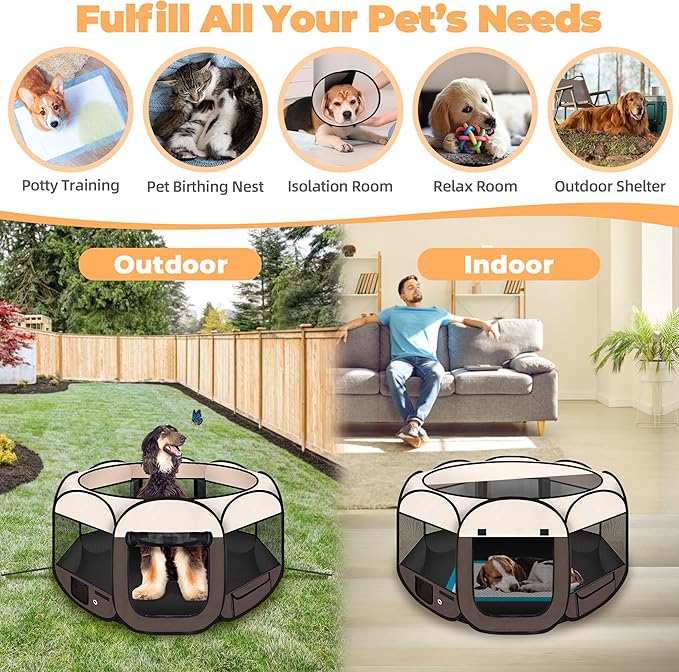 Dog Playpen 45", HOMAGICO Pet Playpen for Indoor Cats Enclosed, Portable Dog Cage Outdoor Tent Crate with Carrying Case, Water-Resistant and Removable Shade Cover,Brown