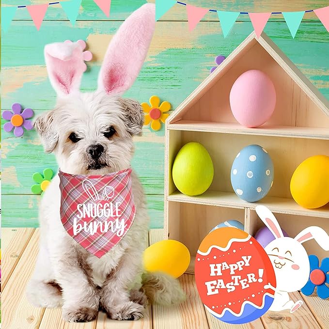 Easter Dog Bandana Bunny Costumes, Easter Bunny Dog Headband Buffalo Plaid Dog Easter Bandanas for Small Medium Large Dogs