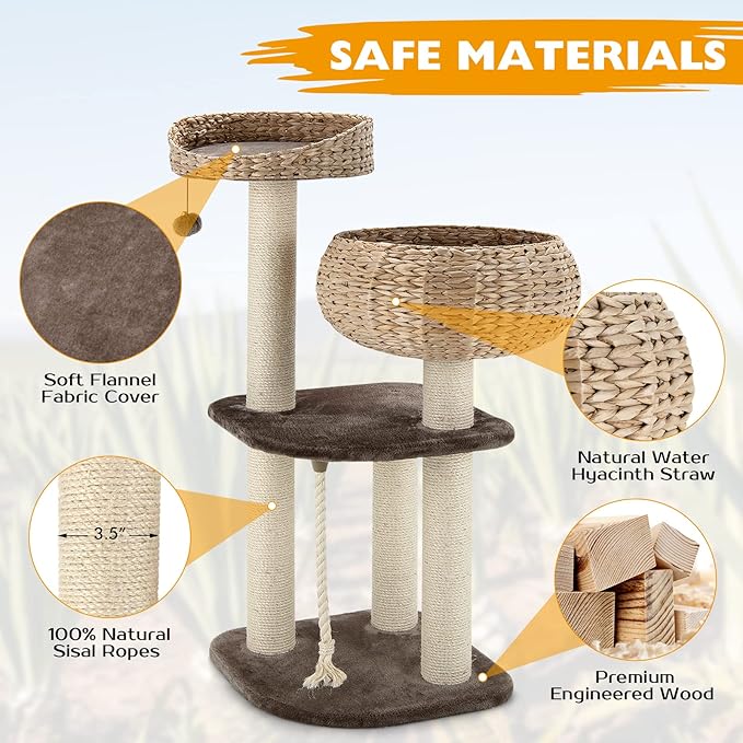 41 Inches Wicker Cat Tree, Modern Cat Tower with Handwoven Cat Condo & Perch, Scratching Post, Dangling Balls and Sisal Rope, Indoor Cat Tree Tower for Large Adult Cats 20 Lbs