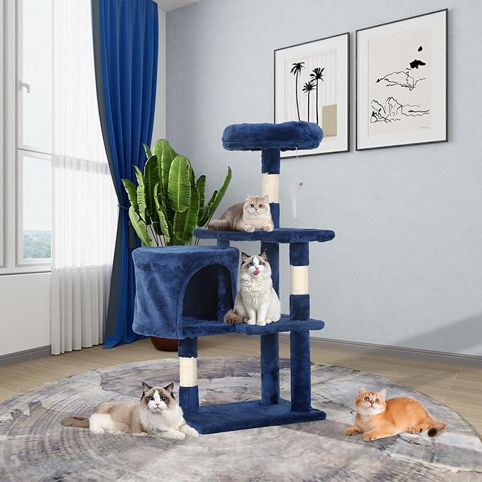 36-Inch Ergonomic Cat Activity Tower with Sisal-Wrapped Columns & Toys - Modular Design Saves Floor Space While Providing 3-Tier Vertical Play Zones for Multiple Indoor Cats（Navy Blue）