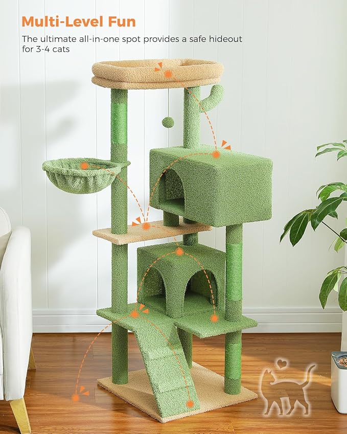PEQULTI 56.3'' Cat Tree for Large Cats with Super Large Top Perch, Tower for Indoor Cats with Hammock and Sleeping Bag, Cat Shelves with Scratching Posts and 2 Condos Houses Green