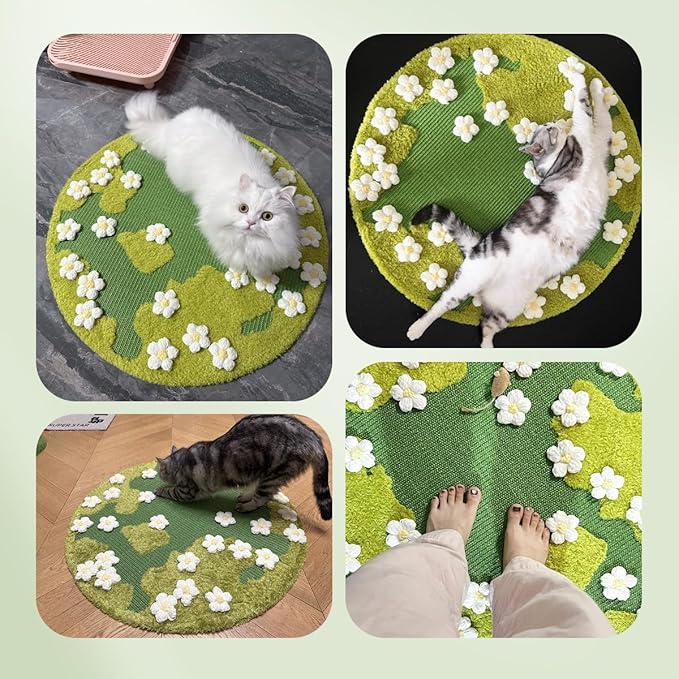 31 x 31 Inch 3D Garden Cat Scratcher Mat, Flower Sisal Cat Scratch Pad, Floor Cat Scratching Pads Rug for Indoor Cats, Protector for Wall&Carpets&Sofas, Green Moss Cat Claw Pad (White Flowers)