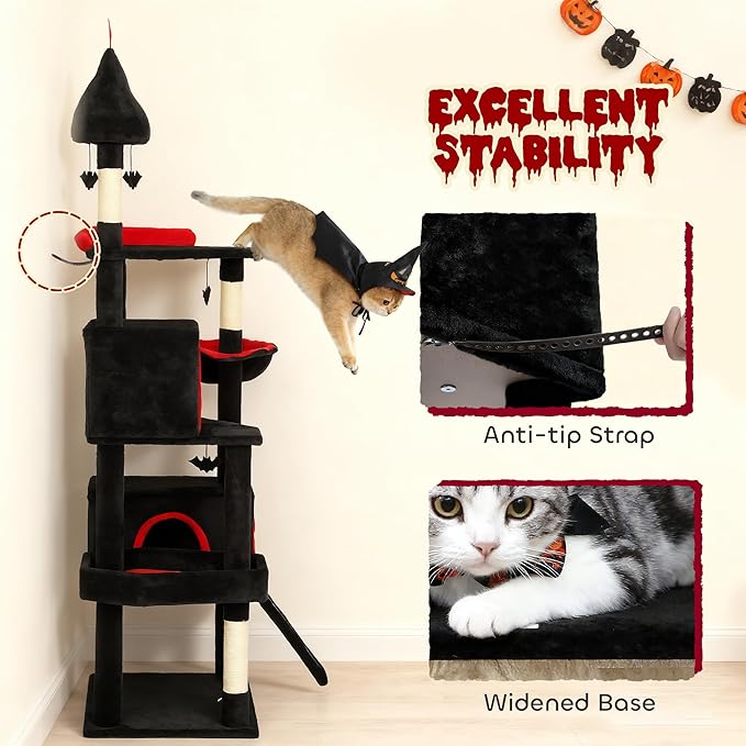 PawHut Gothic Cat Tree, 78" Extra Tall Cat Tower for Indoor Kittens with 2 Spacious Condos, Sisal Scratching Posts, 4 Bat Hanging Balls, Comfy Hammock, Ramp, Bed, Black and Red Halloween