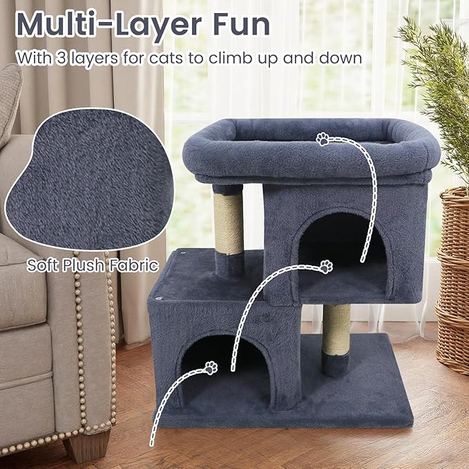 Tangkula Small Cat Tree for Indoor Cats, 25.5 Inch Cat Tower with Sisal Scratching Posts, 2 Large Cat Condos with Padded Top Perch, Modern Cat Climbing Furniture for Adult Cats & Kittens (Dark Gray)