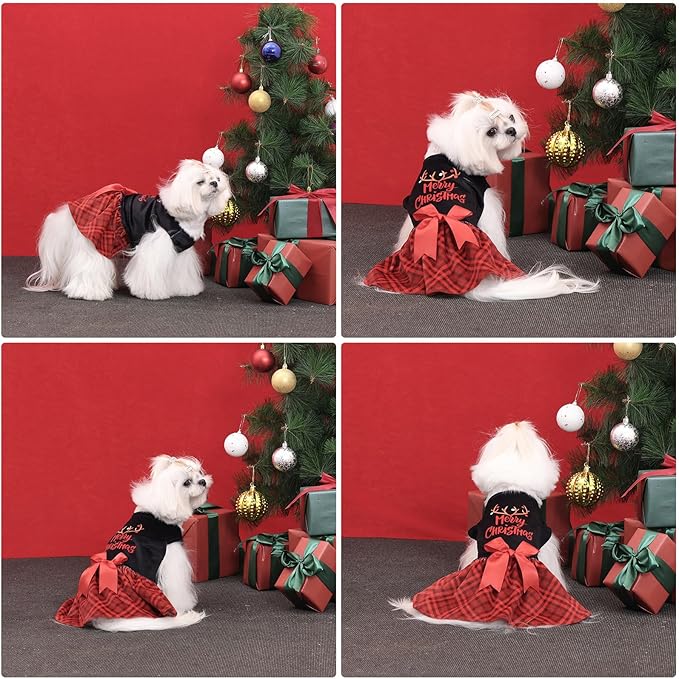 CuteBone Christmas Dog Dresses Velvet Holiday Small Dogs Clothes Onesie Pet Apparel Girl Puppy Skirt with Bow Hair Rope CVA59XS-D