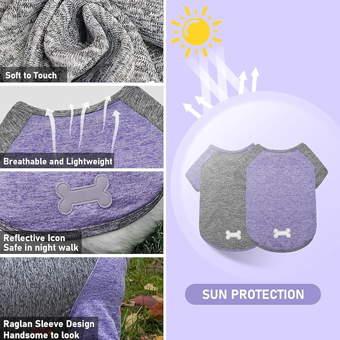 KYEESE 2Pack Dog Shirt with Sleeves, Lightweight Sun Protection Dog T Shirts for Large Dogs, Breathable Pet Tank Top Reflective Dogs Clothes for Summer Outdoor Walking, Purple+Grey, 3XL