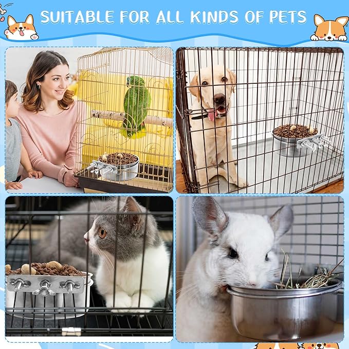 Zubebe Stainless Steel Hanging Dog Crate Bowls, Non-Spill Kennel Food Water Bowls with Screw Clamp Attach Holders, Removable Mountable Metal Cage Feeder for Pet(41 Oz,19 oz)