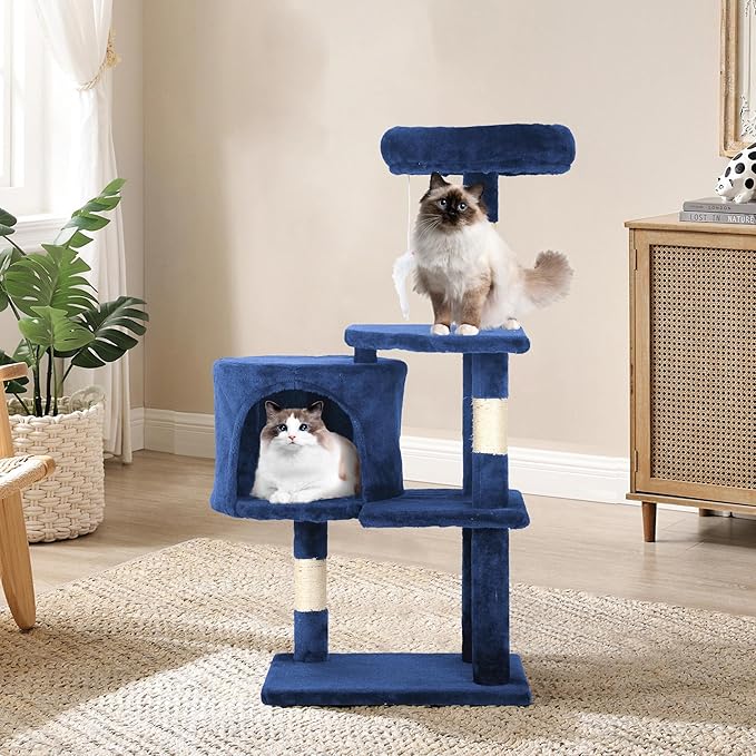 36" Multi-Level Cat Tree Tower with Scratching Posts, Toys & Condo - Space-Saving Design for Indoor Kittens, Compact Floor Footprint & Vertical Space for Multi-Cat Homes-Navy Blue