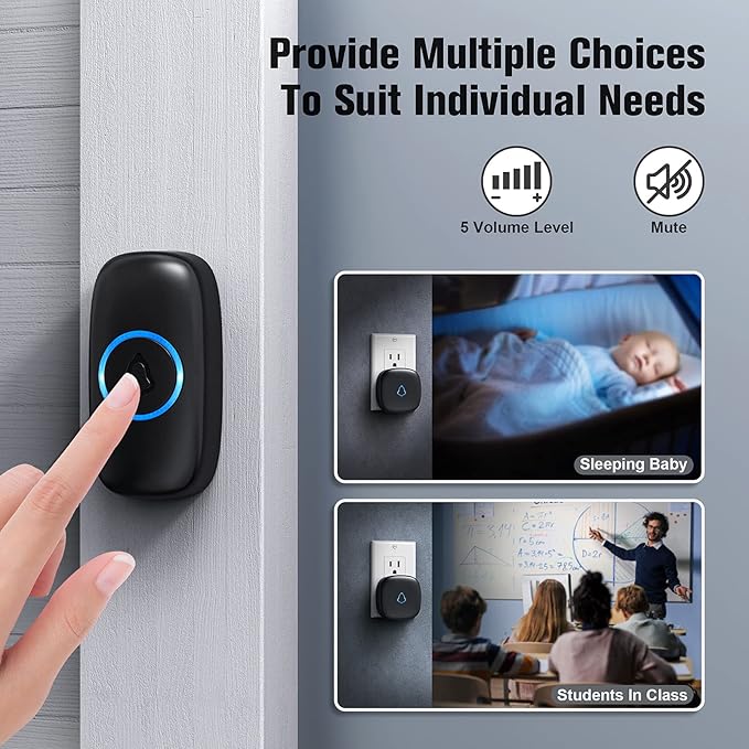 SECRUI Doorbell, Wireless Doorbell with 2 Receivers Easy installation, Adjustable Volume, 58 Chimes, Colorful LED, 1000Ft Range, M520+F55, Black