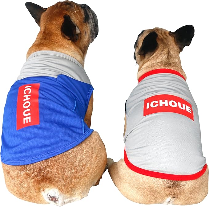 iChoue 2pcs French Bulldog Summer Cooling Shirt for Dogs UV Sun Protection Vest Sleeveless Breathable Tank Top English Pug Blue Grey Red Grey - Medium