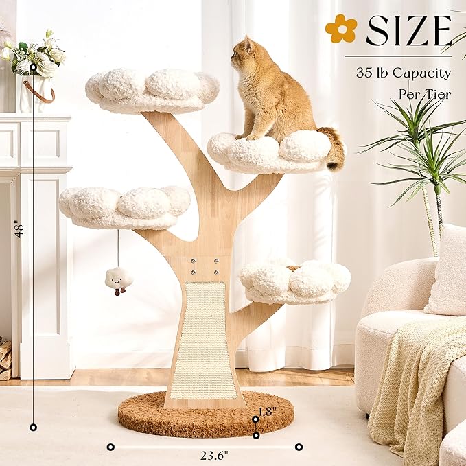 797Audio Flower Cat Tree, 48" Wood Branch Cat Tower, White Cloud Cat Tree with Scratching Post for Indoor Adult Cats, Luxury Cat Tree with Cozy Perches & Interactive Squeaky Hanging Toy
