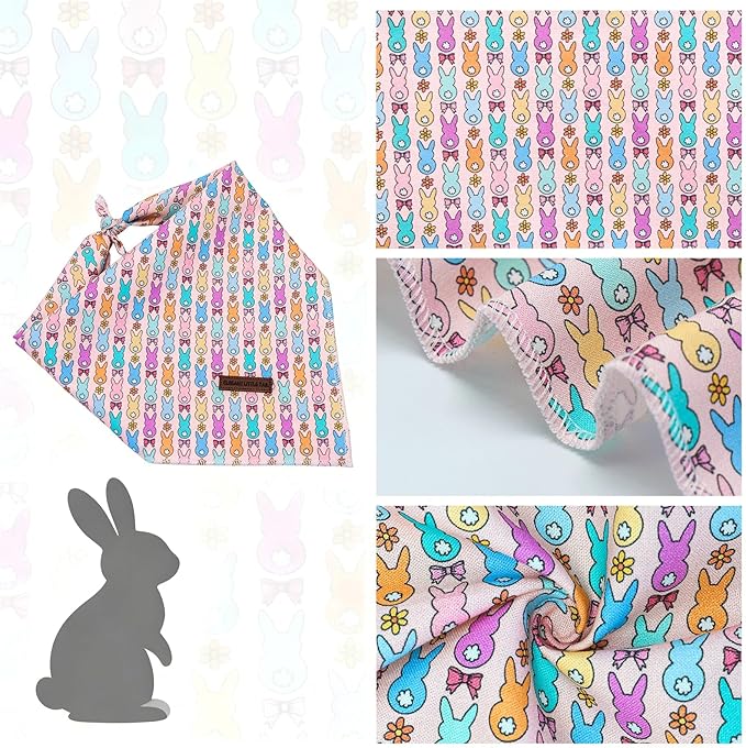 Elegant little tail Easter Dog Bandana, Bunny with Flower 1PC Washable Dog Scarf Female or Male Square Bib Kerchief Scarf Adjustable Pet Bandana for Medium Large Dogs