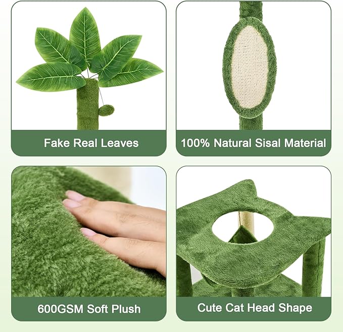 61" Cat Tree for with Green Leaves, Multi-Level Large Cat Tower with Hammock, Plush Cat House with Hang Ball Toy and Sisal Scratching Posts Furniture, Green