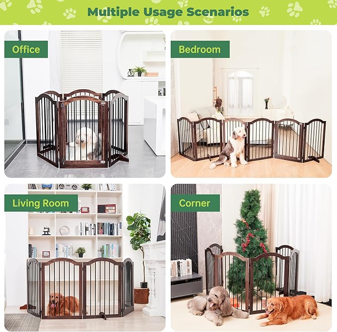 PrimeZone 144" Extra Wide Dog Gate - 36" Tall 6-Panel Solid Acacia Wooden Freestanding Puppy Gates with Door, Foldable Indoor Pet Fence for Doorways, Stairs, Support Feet Included, Brown