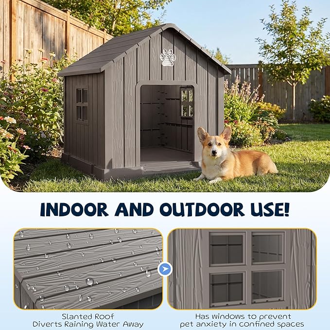 VIXZEN Dog House Outdoor, 31 Inches Weatherproof Resin Dog House Indoor Large with Air Vents & Elevated Floor, Doghouse Outdoor for Large Dogs, Easy Assembly, Versatile Storage Functionality, Grey