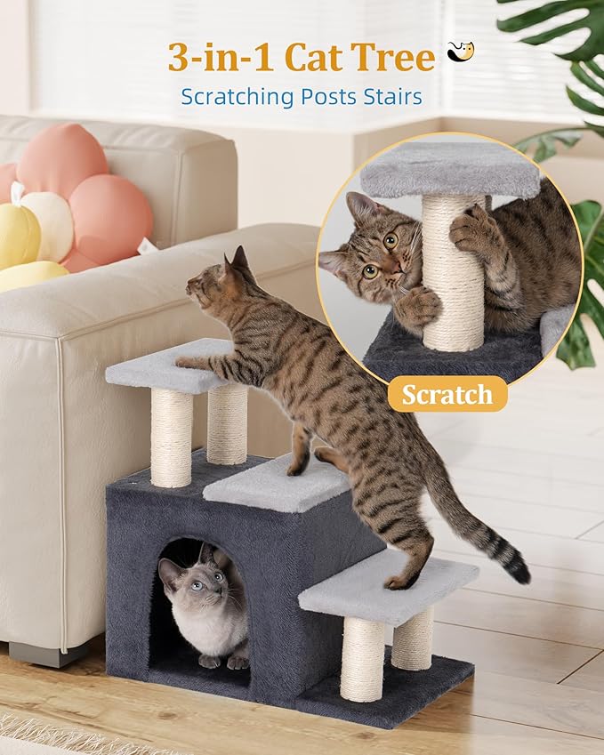 3-in-1 Pet Stairs for Cats, Dog Steps for Small Doggie Rabbits, 6.29''Depth Cat Stairs, Indoor Cat Ladders for High Bed for Pet's Joints, 1 Cat Condo Cave, Sisal Scratcher, Grey, Medium