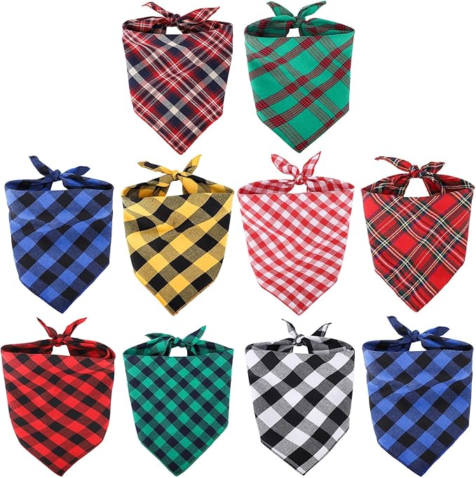Segarty 10 Pack Dog Bandanas Triangle, 22.8"x15.7" Washable Plaid Bibs Accessories Bulk for Small Medium Dogs Cats Large Puppy, Adjustable Pet Scarf Reversible Boy Pets Birthday Kerchief