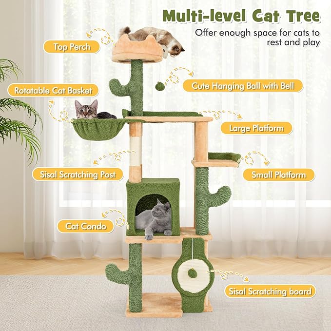 PETSITE 63 inch Cactus Cat Tree, Multi-Level Tall Cat Tower with Sisal Scratching Posts and Board, Comfy Condo, Rotatable Basket, Hanging Toys, and Anti-tipping Device, Modern Cat Tree for Indoor Cats