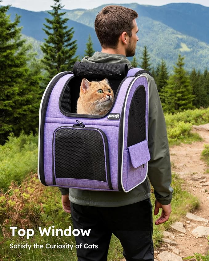 Pecute Cat Backpack Carrier Expandable, Pet Backpack for Cats & Small Dogs Up to 11lbs, with 4-Side Breathable Mesh, Multi-Entry & Lockable Zippers for Travel, Hiking, Camping - Hands Free, Purple