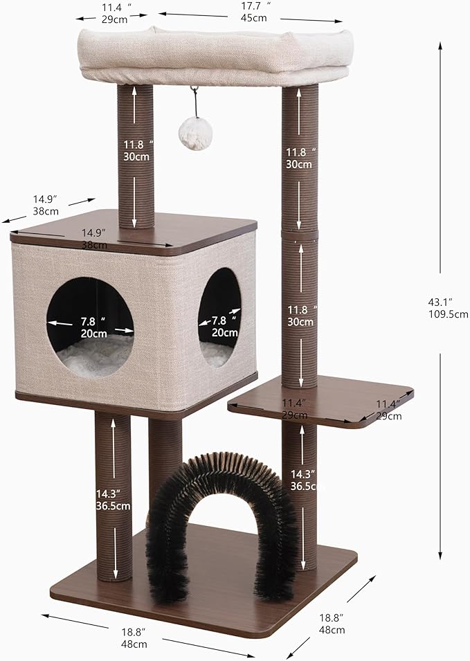 Petpals 4 Level 43" Minimalist Design Cat Tree with Wood Condo,Replaceable Paper Rope Scratching Posts,Full Body Bruch,Removeable and Washabel Bed (Brown and Beige)