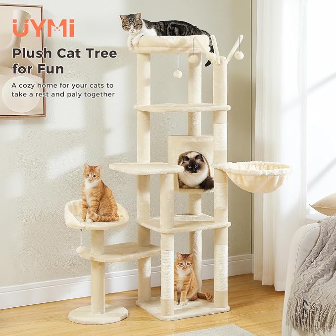 Large Cat Tree for Indoor Cats, 59" Tall Cat Tower with 3 Removable Pompom Sticks, Spacious Condo, Large Hammock and Scratching Posts, Sturdy Play House for Large Cats,Beige