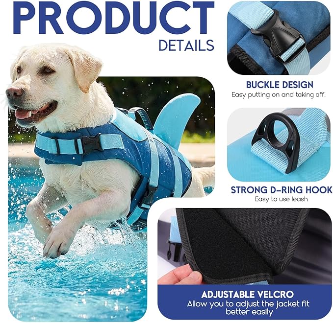 ASENKU Dog Life Jacket - Pet Safety Vest for Swimming & Boating, Shark Life Jacket with Floatation, Dog Lifesavers Swimsuits for Small Medium Large Dogs (Deepblue, M)