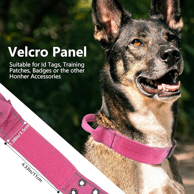Tactical Dog Collar with Control Handle, Military Adjustable Pet Collar Reflective Heavy Metal Buckle Dog Collar, Soft Nylon Training Collar for Medium Large Dogs (Rose Red, X-Large)