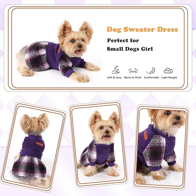 Dog Sweater Dog Clothes for Small Dogs Boy Girl Fall Puppy Dress Warm Fleece Chihuahua Yorkie Teacup Doggie Sweaters Dresses Doggy Sweater for Small Dogs Girl Cat Outfit, Purple, M