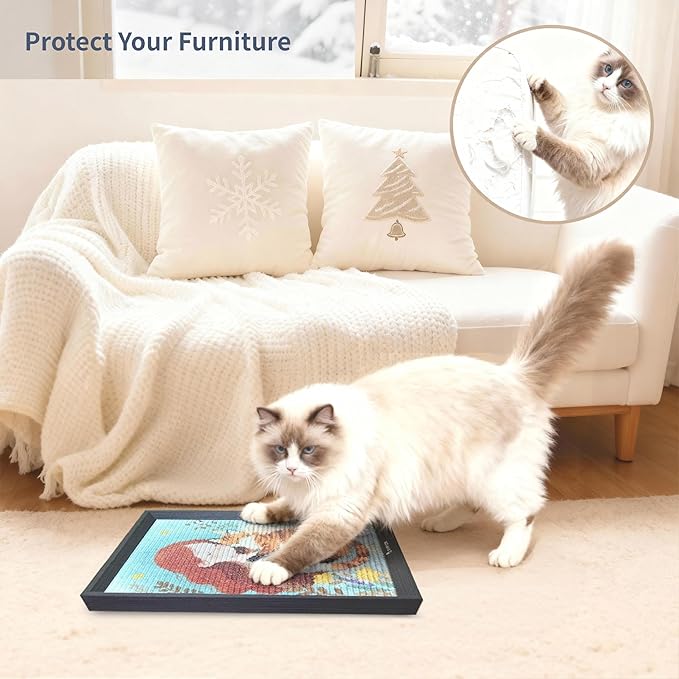 Art Cat Scratcher, Wall Mounted Sisal Cat Scratcher for Indoor Cats 17.01x13.1x1.18 Inches, Furniture Protector, Cat Scratch Rug, Decorative Cat Wall,Easy Install,No Drilling