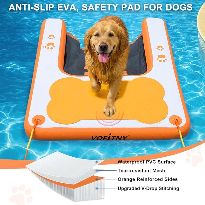 VOFiTNY Dog Pool Ramp, Safe Pool Ramp for Dogs Up to 200lbs, 2025 New Dog Boat Ramps with Non-Slip EVA Pad&Weighten Ladder, Puppy Steps for Pool/Boat/Dock/Sea, Orange Doggie Dock with Hand Pump